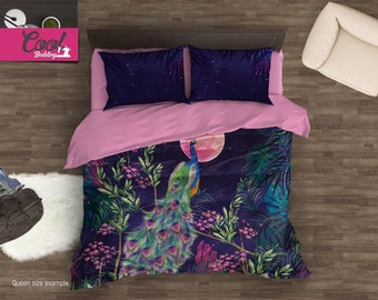 Night Peacock Duvet Cover – Watercolor Bedding Set – Artistic Bird Bed Set with Pillow Shams – Elegant Bedroom Style by CoolBedding, B138
