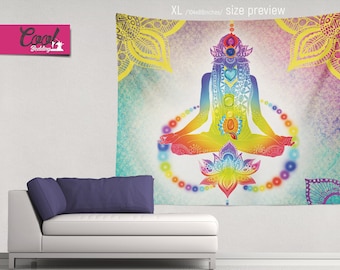 May include: A colorful tapestry featuring a person in a lotus position with a mandala design. The person is surrounded by a circle of colorful dots and a lotus flower. The tapestry is 104x88 inches.