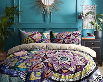 Boho Mandala Duvet Cover – Asymmetric Hand-Drawn Bedding Set – Bohemian Comforter – Indie, Artistic, Boho Chic Bedroom, B08