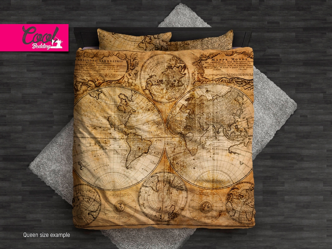 World Map Bedding Set – Ancient Map Duvet Cover With Vintage Travel ...