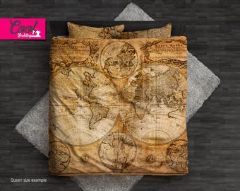 World Map Bedding Set – Ancient Map Duvet Cover with Vintage Travel Design – Explorer Bedroom Decor, B122