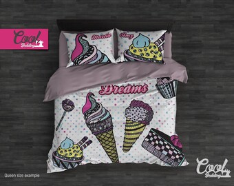 Funda nórdica Pop Art – Juego de edredón "Dulces sueños" dibujado a mano – Ropa de cama personalizada con fundas de almohada, B97
