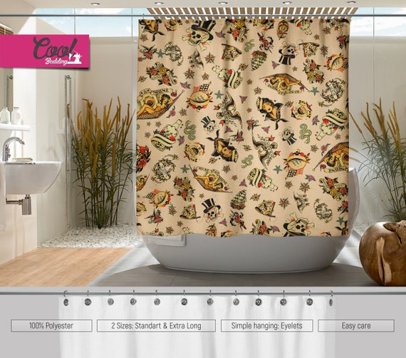 Vintage Tattoo Shower Curtains American Old School Bath Etsy