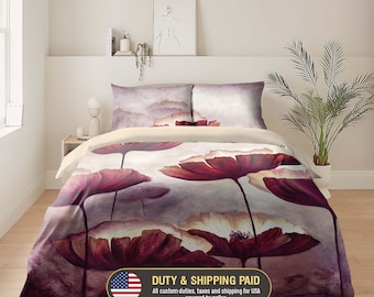 Poppy Floral Bedding Set - Watercolor Duvet Cover - Cottagecore Bedroom Decor, 173