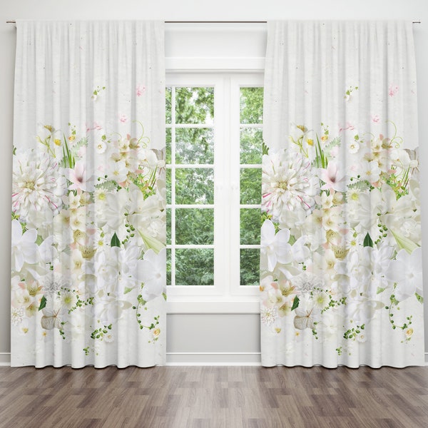 Cortinas de ventana de flores de primavera, cortinas florales, cortinas de sala de estar, Panel de ventana hecho a medida, cortina de bolsillo de barra, C15