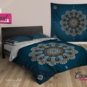 Duvet Cover Blue Mandala, Boho Bedding, Bohemian Comforter, King Queen Full Sheet Set 12