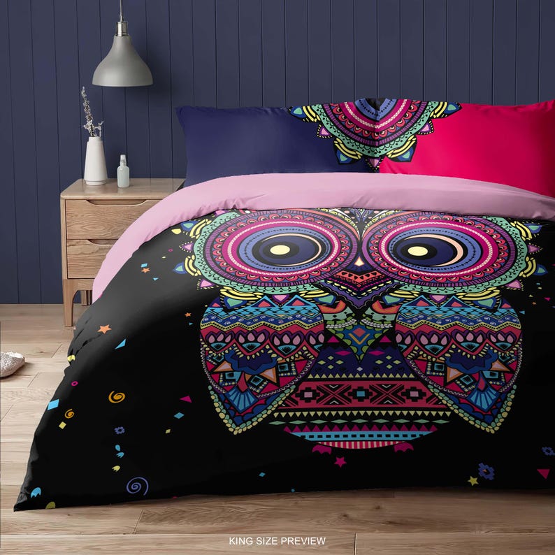 Süsses Eulen Bettwäsche Set – Boho Bettbezug mit Kissenbezügen – Boho Eulen Tagesdecke – Skurriler Schlafzimmer Stil, B148 Bild 3