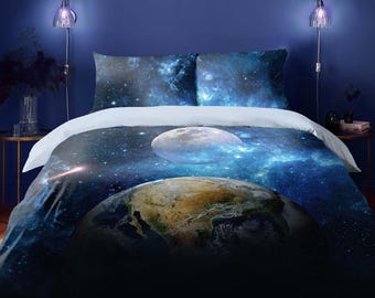 Space Trip Bedding Set – Galaxy Duvet Cover and Nebula Comforter – Dark Blue Celestial Bed Sheets by CoolBedding, B178