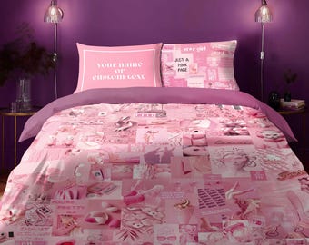 Personalized Pink Y2K Collage Bedding Set: Custom Duvet Cover, B277