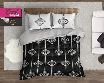 Skulls Pattern Bedding Set, Sugar Skull Bed Sheets, Black and White Bed Set, Pattern Duvet Cover, 210