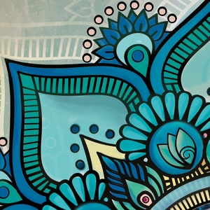 May include: A blue and green mandala design with intricate details. The design features a variety of shapes and patterns, including circles, swirls, and leaves.