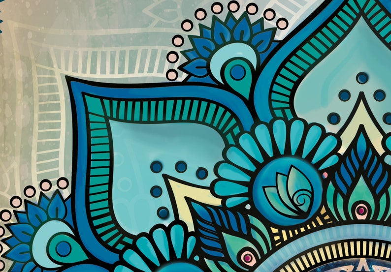 May include: A blue and green mandala design with intricate details. The design features a variety of shapes and patterns, including circles, swirls, and leaves.