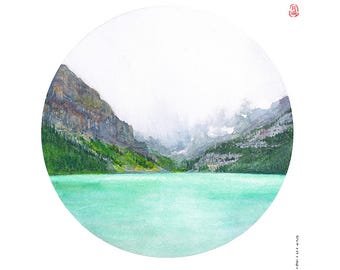 Lake Louise Watercolor Print: Banff Circle Art, Alberta Landscape. Artist- WANRU KEMP