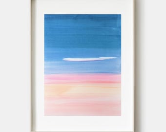 Pintura original de paisagem em aquarela com nuvem rosa (45,6 x 61 cm). Artista: MILLIE DA