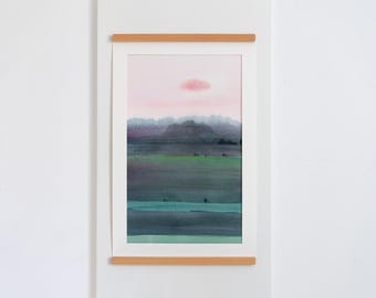 Pintura original de paisagem em aquarela com nuvens rosa: Arte de campo de verão (30 x 45 cm). Artista: MILLIE DA