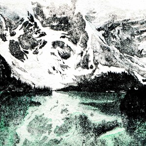 May include: A black and white abstract painting of a mountain range with a green lake in the foreground. The painting has a textured, grainy look.