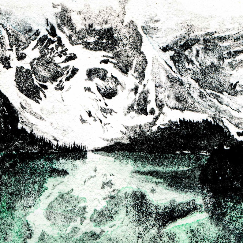 May include: A black and white abstract painting of a mountain range with a green lake in the foreground. The painting has a textured, grainy look.