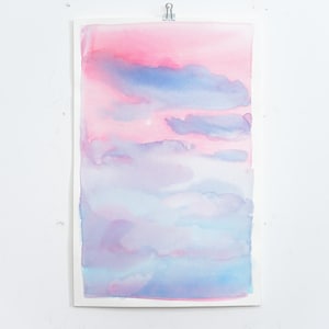 Original Moon and Pink Cloud Abstract Watercolor Landscape Painting (12x18in). Artist- MILLIE DA
