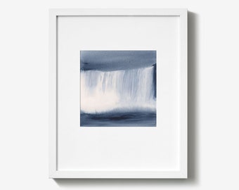 Original watercolor painting, waterfalls painting, sumie, serene, indigo, contemporary,landscape painting, night, minimalist, ink art.