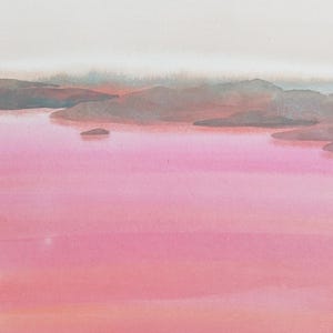 Original Pink Lake Watercolor Painting: Abstract Landscape Art (12x18in). Artist- MILLIE DA