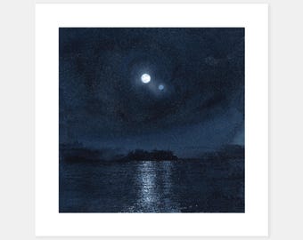 May include: A square art print featuring a dark blue night sky filled with stars and a bright full moon. Below, a dark silhouette of a landmass sits on the horizon, with the moon's light reflecting across the surface of the water in the foreground.