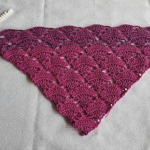 Può includere: Uno scialle all'uncinetto in un gradiente di tonalità rosa e viola. Lo scialle è di forma triangolare e presenta un delicato motivo a pizzo.