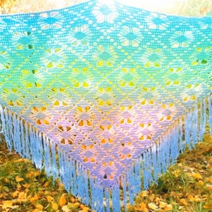 May include: A rainbow ombre crochet shawl with a delicate floral pattern and fringe trim. The shawl is draped over a branch in a forest setting.