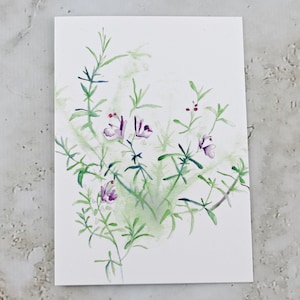 Impression aquarelle de romarin en fleurs. Carte scintillante juste parce que. Carte de correspondance A6 vierge à l'intérieur. Papeterie de peinture d'herbes botaniques.