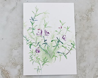 Flowering Rosemary Plant Watercolor Print. Sparkly Just Because Card. A6 Note Card Blank Inside. Botanical Herb Painting Stationery.