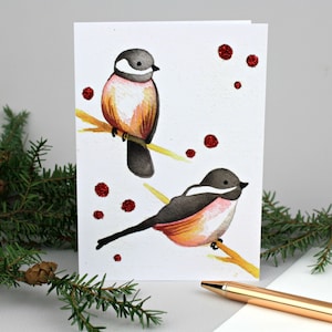 Sparkly Chickadee Holiday Greeting Card. Cute Winter Bird Watercolor Painting Printed on Notecard. A6 Christmas Card Blank Inside.