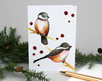 Sparkly Chickadee Holiday Greeting Card. Cute Winter Bird Watercolor Painting Printed on Notecard. A6 Christmas Card Blank Inside.