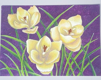 Yellow Crocus Colored Pencil Artwork Print with Sparkly Glitter. Spring Vibes Wall Decor. Bright and Happy Gift for Mother, Aunt, Friend.