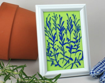 Rosemary Herb Painting on Glass. Framed Botanical Line Art. Green and Blue Kitchen Wall Decor. Home Gift Under 20 for Male or Female Cook.