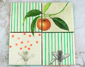 Orange Blossom Botanical Handmade Resin Artwork. Ceramic Tile Coasters Box Set of 4. Fancy Special Occasion Gift for Parents Under 100.