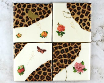 Leopard Print Tile Coasters with Roses. Stylish Fashionable Home Decor. Special Handmade Gift for Mother's Day, Birthday, Valentine's Day.