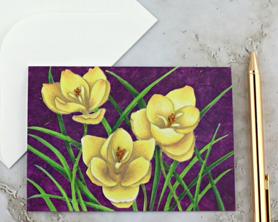 Flowering Rosemary Sparkly Botanical Card Rosemary Plant Greeting Card Green and Purple Watercolor Printed Card