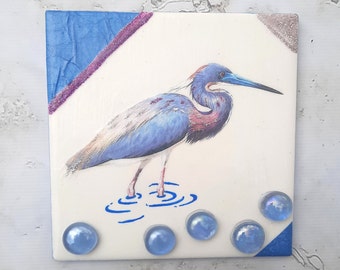Great Blue Heron Home Decor. Decoupage Cut Paper Mixed Media Collage. Decorative Tile for Hanging on Wall. Handmade Ocean, Sea Bird Artwork.