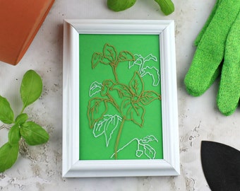 Framed Basil Painting on Glass. Hand-Painted Herbal Artwork. Minimalist Green Wall Decor. Dining Room Art for Display. Unique Gift Under 20.