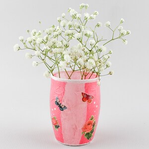 Small Glass Bud Vase Jar for Flowers. Pink Decor with Roses & Butterflies. Affordable Gift for Teacher, Neighbor, Friend, Coworker, Hostess.