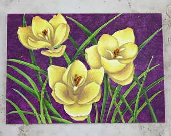 Yellow Crocus Flower A6 Note Card. Floral Artwork Print with Sparkly Glitter. All Occasion Greeting Card Blank Inside. Stationery For Her.