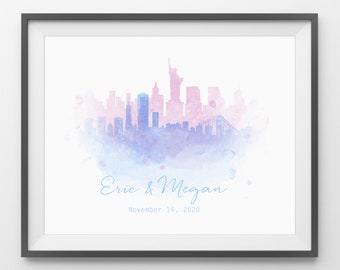 Watercolor Skyline Wedding Guest Book - Personalized Archival Print