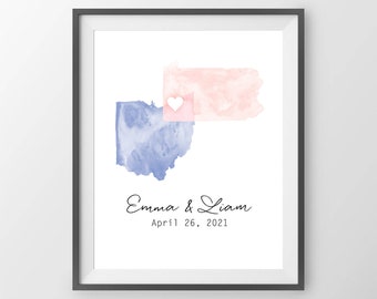 Wedding Guest Book Alternative - Watercolor States Guestbook, State Sign In Board, Two State Guest Book, Watercolor print, Wedding Art