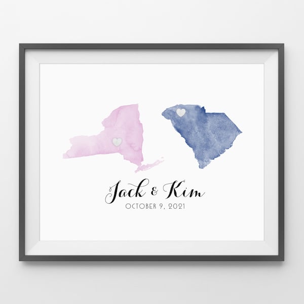 Watercolor States Wedding Guest Book - Unique Wedding Guestbook, State Sign In Board, Two State Guest Book, Watercolor print, Wedding Art