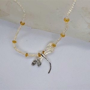 Silver Dragonfly and Freshwater Pearl Outlander themed Necklace.