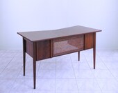 EDWARD WORMLEY for DUNBAR Teak desk w Cane front mid century modern mod minimalist space age desk