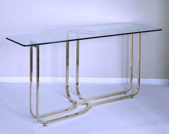 art deco ASYMMETRICAL sculptural brass console table HOLLYWOOD REGENCY glass avant garde sofa table mastercraft