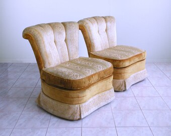 2 enormous HOLLYWOOD regency CHANNEL BACK slipper chairs dorothy draper mid century tufted boudoir chairs