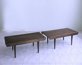 set of 2 mid century modern SOLID ZEBRA WOOD slat bench - Shipping Included