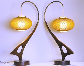 SET of 2 mid century biomorphic lamps modern SOLID WALNUT abstract sculptural