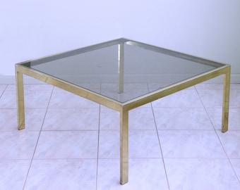 mid century modern coffee table by Milo Baughman for D I A Design Institute of America in SMOKED GLASS & BRASS - Shipping Included